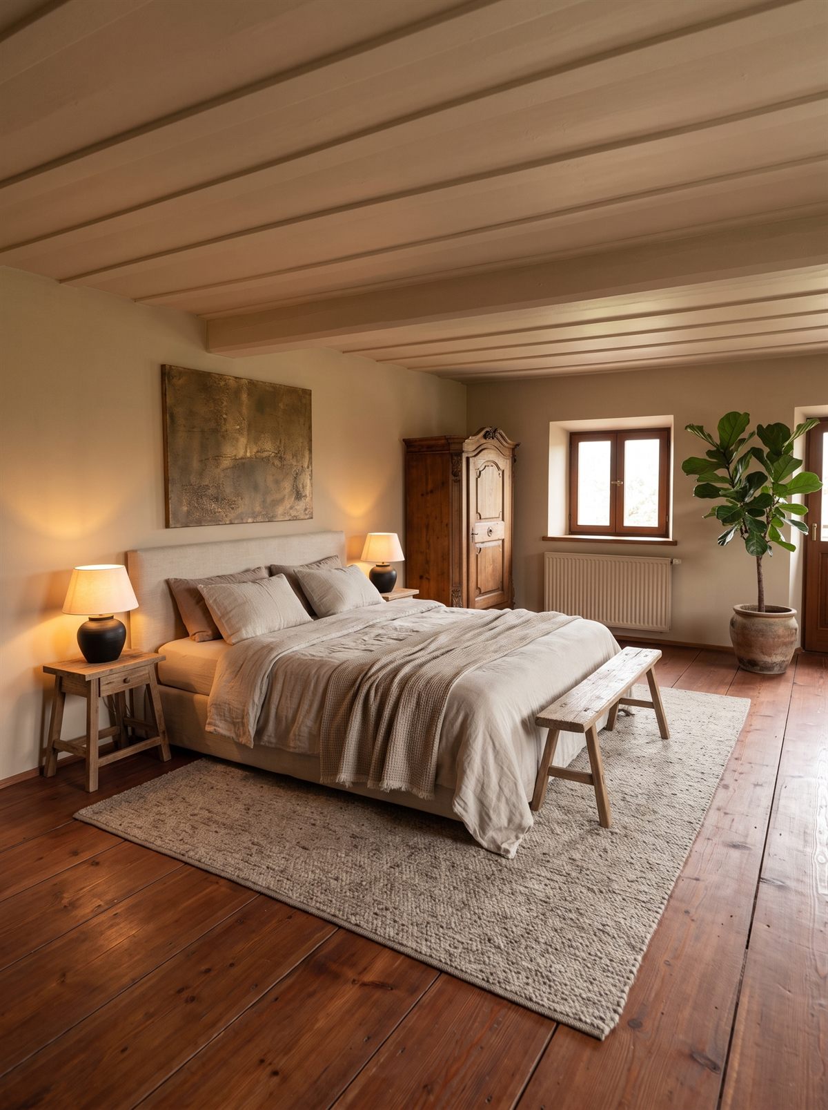 Schlafzimmer mit Doppelbett, historischem Bauernschrank und Sprossenfenster
