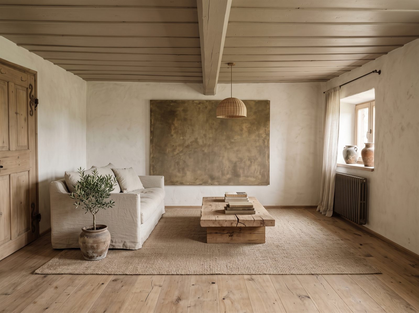 Wohnzimmer mit Leinensofa, Massivholztisch und Juteteppich